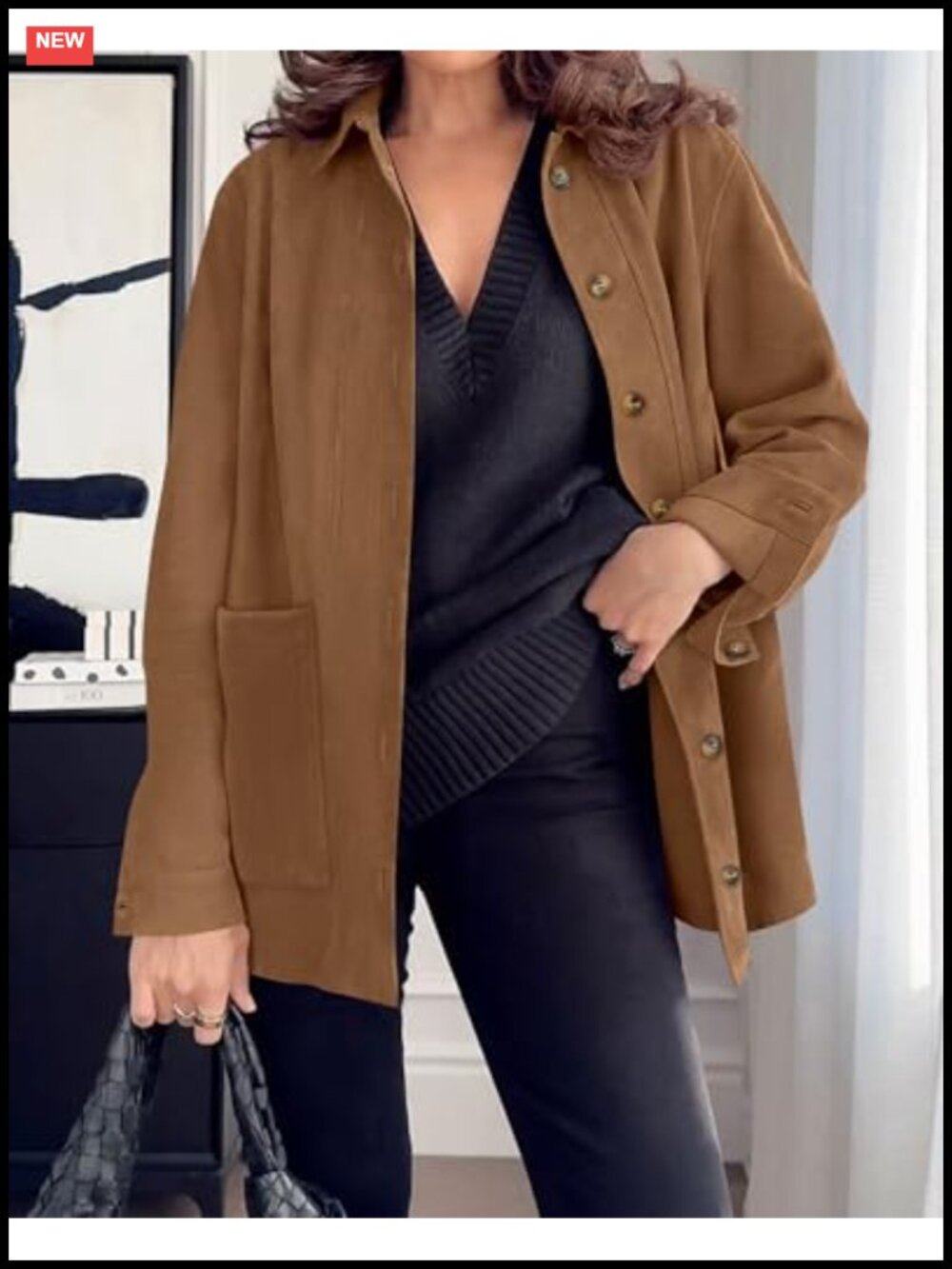 Faux Suede Jacket Women Button Down Long Sleeve Fall Winter Coat - Picture 4 of 6